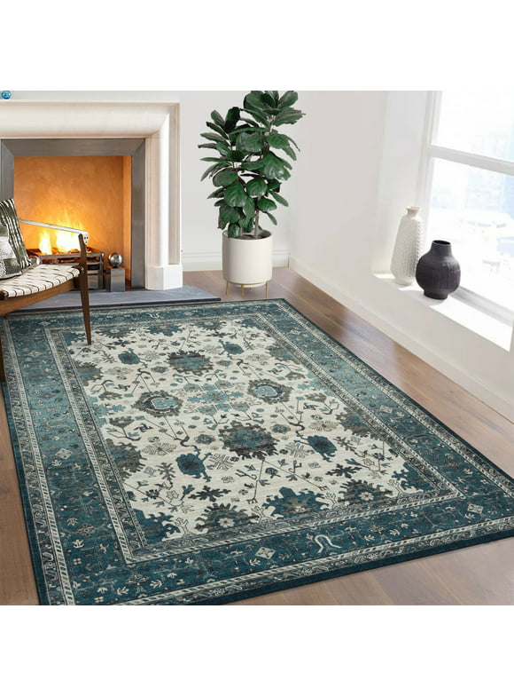 WhizMax 4' x 6' Washable Area Rug Boho Floral Print Distressed Rug Vintage Rugs Non-Slip Backing Low Pile Rug Persian Rug for Playroom Dorm Apartment, Blue