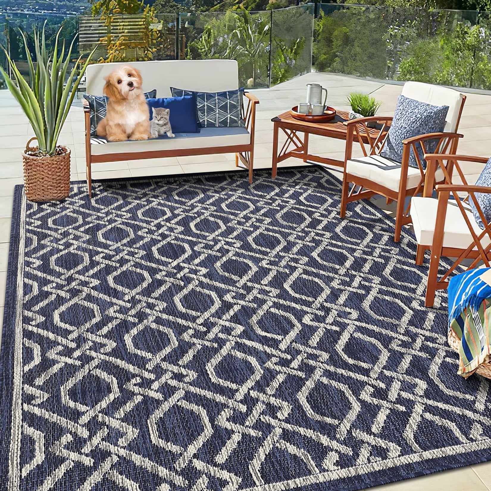 Garvee 4'x5'3" Outdoor Area Rug Modern Geometric Indoor Outdoor Area Rug Non-Shedding Stain-Resistant Rug for Dining Room Backyard Porch Balcony, Navy Blue