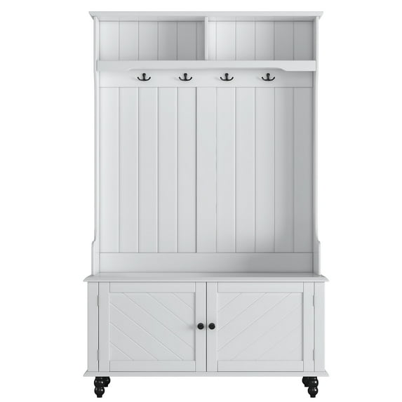 WhizMax 40 Inch Modern Hall Tree with 4 Hooks Wood Entryway Coat Hanger Storage Bench Top Open Storage Shelves Versatile 3-in-1 Entrance Hallway Coat Rack Multi-Functional Lobby Tree