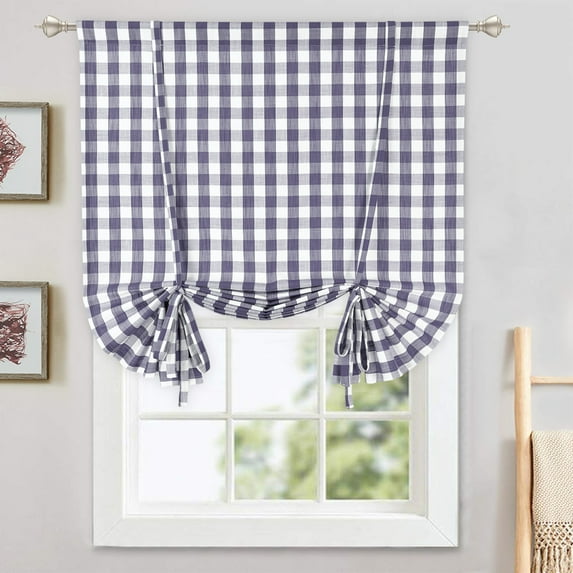WhizMax 42"W x 63"L Gray White Tie Up Kitchen Curtains Farmhouse Buffalo Plaid Curtain Light Filtering Adjustable Tie Up Shades, 1 Panel