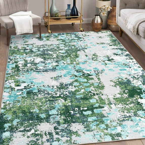 Garvee 4x6 Boho Modern Abstract Area Rug Watercolor Design Rug Low Pile Throw Rug Soft Foldable Thin Rug for Living Room Bedroom, Gray/Green