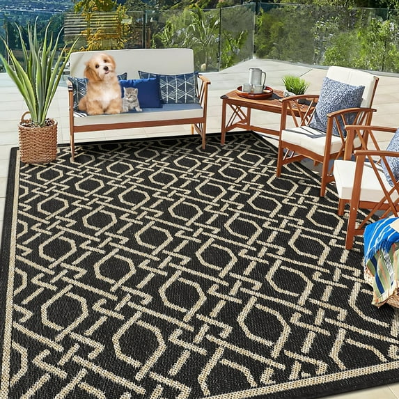 Garvee 5'3"x7'3" Geometric Rug Contemporary Rug Indoor Outdoor Area Rug Non Shedding Stain-Resistant Carpet for Patio Backyard Balcony, Black