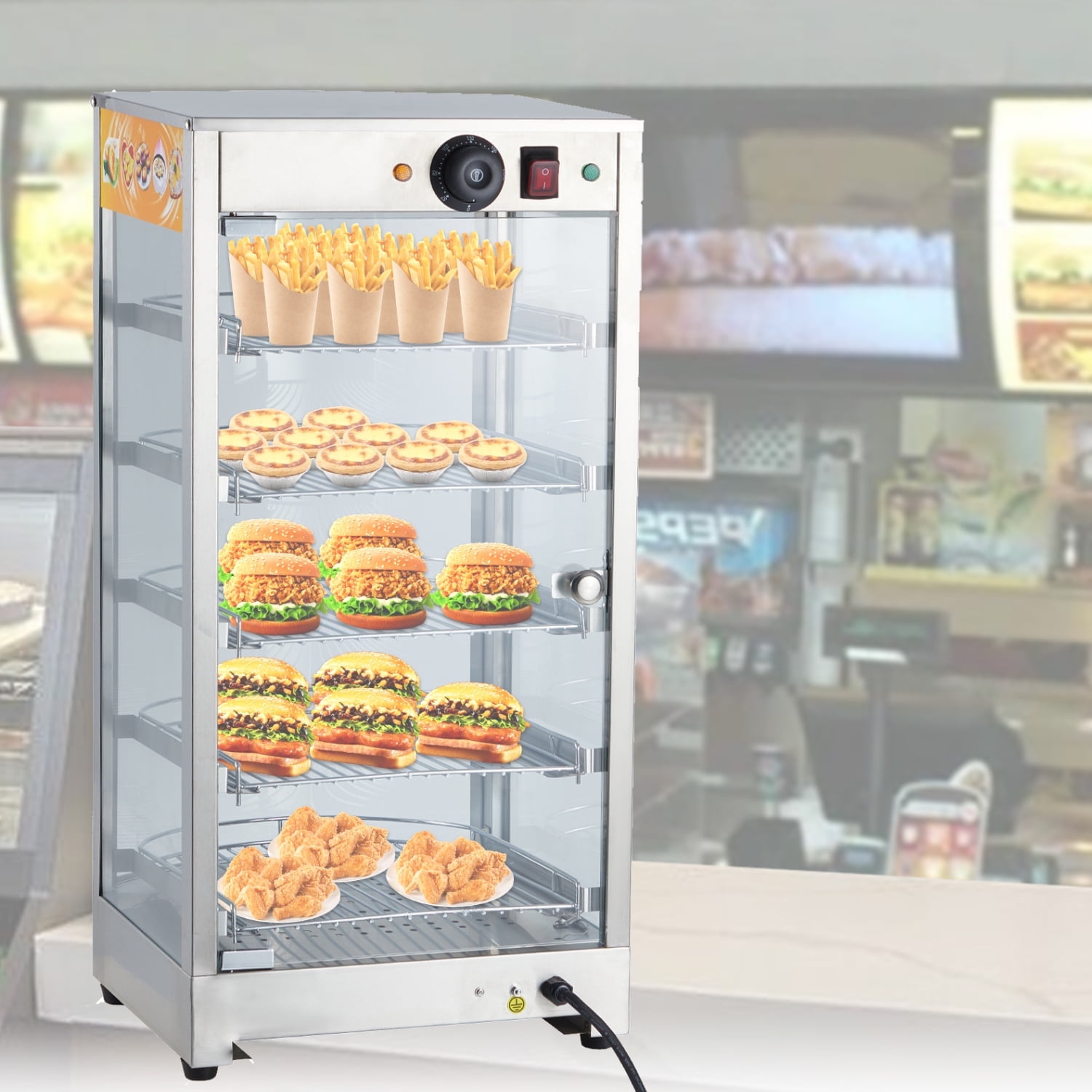 Garvee 5-Tier Commercial Food Warmer Display Cabinet,Countertop Pastry Warmer with Stainless Steel Frame Glass Door,LED Lighting & Removable Shelves