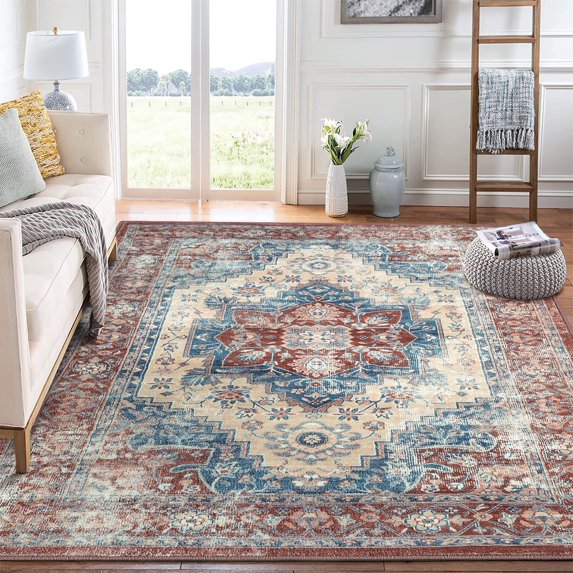 Garvee 5' x 7' Area Rug Washable Rug Vintage Persian Rug Floral Medallion Distressed Retro Floor Cover for Dining Room Home Office, Red
