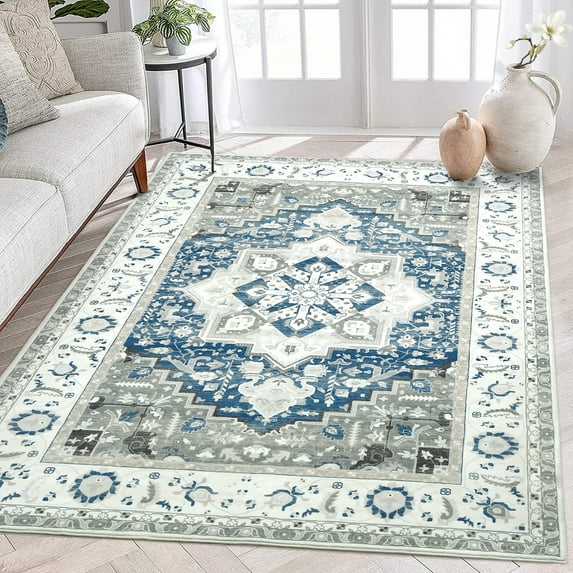 WhizMax 5' x 7' Machine Washable Area Rug Persian Rug Distressed Print Floor Cover Foldable Thin Rug for Dining Room Home Office, Blue