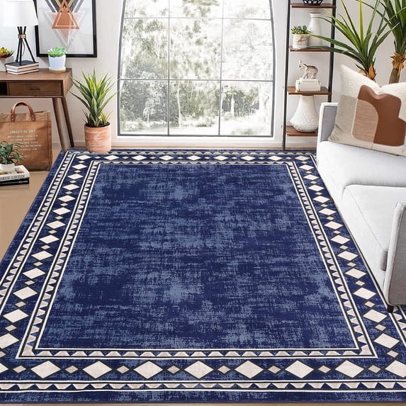 Garvee 5' x 7' Modern Geometric Bordered Area Rug Non-Shedding Non-Slip Rug Soft Accent Rug Carpet Floor Decoration for Dining Room Home Office, Blue