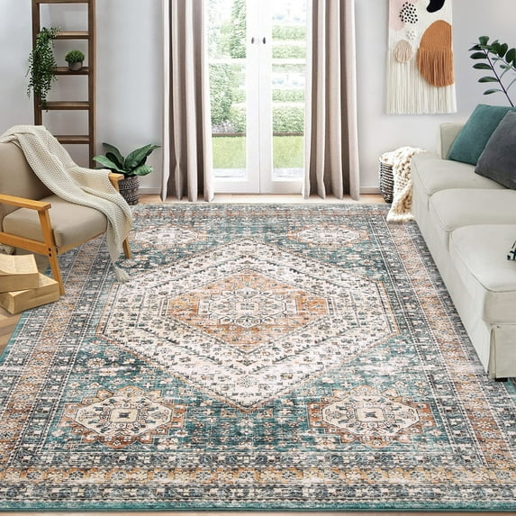 Garvee 5' x 7' Vintage Persian Rug Distressed Rug Indoor Soft Oriental Rug Geometric Floor Cover for Home Office, Green