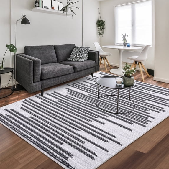 Garvee 5'x7' Area Rug Modern Berber Stripe Rug Stain-Resistant Non-Slip Throw Rug Soft Washable Rugs for Playroom Dorm Apartment, Black Beige