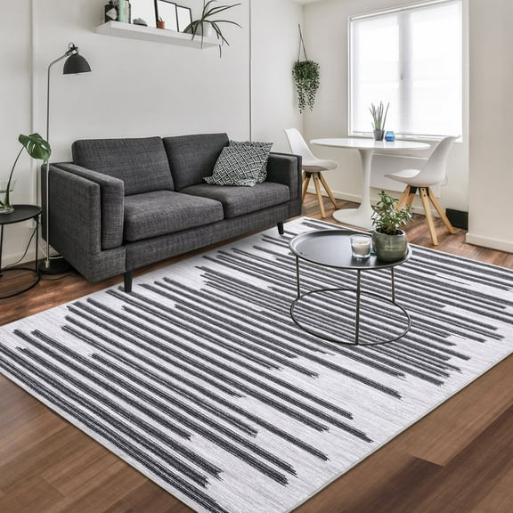 Garvee 5'x7' Area Rug Modern Berber Stripe Rug Stain-Resistant Non-Slip Throw Rug Soft Washable Rugs for Playroom Dorm Apartment, Black Beige