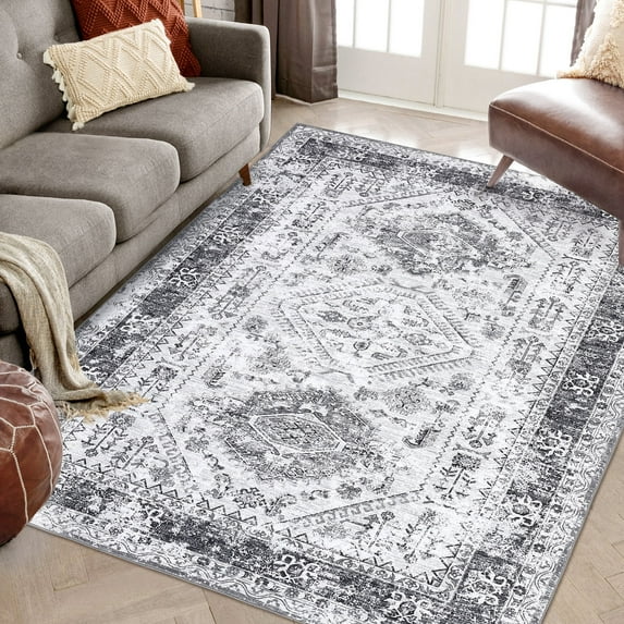 Garvee 5'x7' Area Rug Vintage Floral Print Washable Rug Stain Resistant Non Slip Distressed Carpet Rugs for Dining Room Home Office, Gray