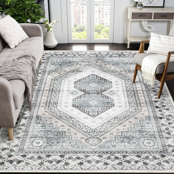 Garvee 5'x7' Area Rug Vintage Persian Rug with Non-Slip Backing Soft Boho Washable Floor Cover for Dining Room Home Office, Beige Gray