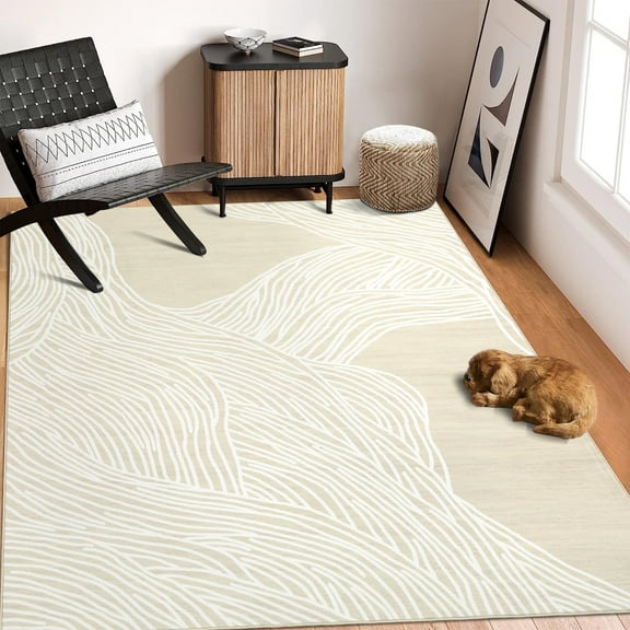Garvee 5'x7' Area Rug Washable Stripes Rug Soft Faux Wool Carpet Modern Abstract Rugs Indoor Non-Shedding Anti-Slip Throw Carpet, Ivory Camel