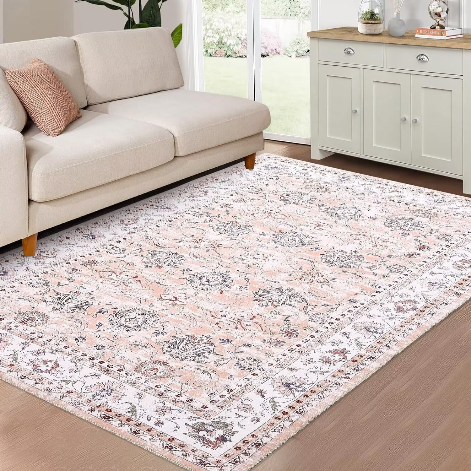 Pink Floral 5' x 7' Washable Synthetic Area Rug