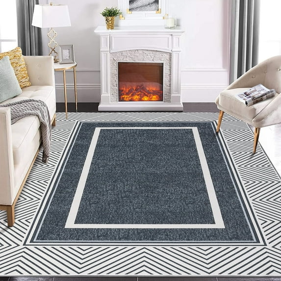 Garvee 5'x7' Modern Area Rug Washable Bordered Geometric Rug Indoor Low Pile Non-Shedding Throw Carpet Home Floor Decoration, Dark Gray