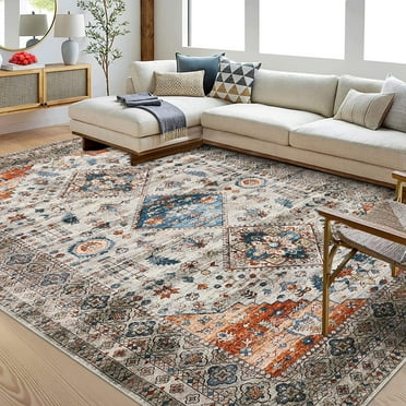 Garvee 5'x7' Vintage Distressed Area Rug Indoor Stain-Resistant Non-Slip Washable Floor Mat Boho Tribal Foldable Accent Rug for Dining Room Home Office, Taupe