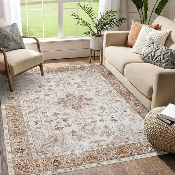 Garvee 5'x7' Vintage Distressed Area Rug Machine Washable Floral Area Rug Non-Shedding Stain-Resistant Soft Foldable Accent Rug, Beige Orange
