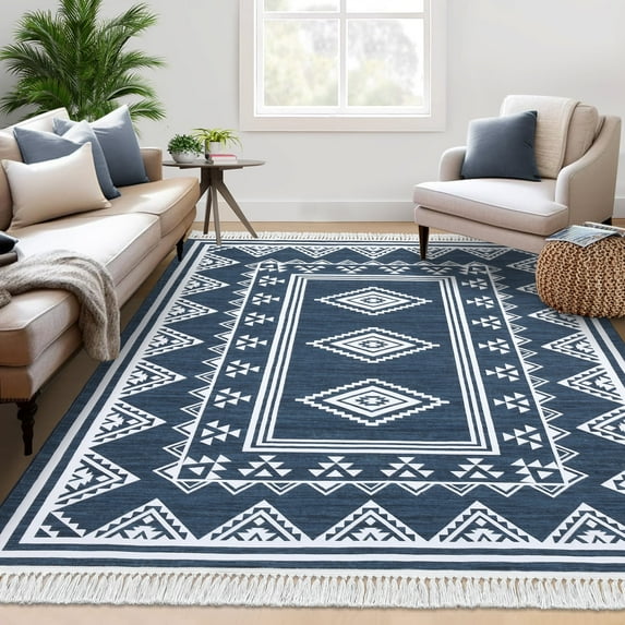 Garvee 5'x7' Washable Boho Area Rug Non-Slip Non-Shedding Rug Farmhouse Bordered Rug with Tassel for Dining Room Home Office, Blue