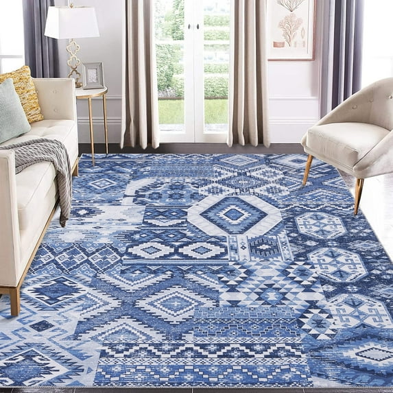 Garvee 5'x7' Washable Ethnic Tribes Area Rug Vintage Patchwork Distressed Floor Cover Stain-Resistant Rug Carpet, Blue