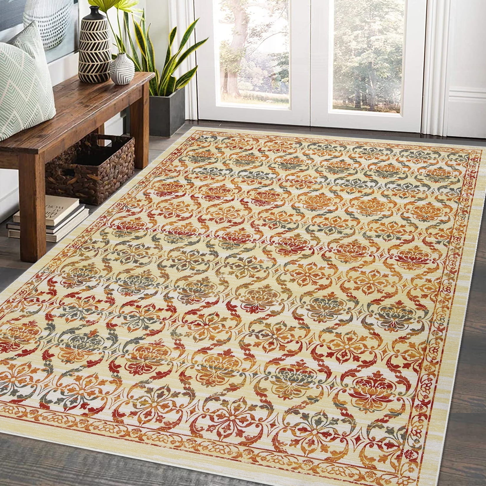 Garvee 5x7 Vintage Floral Floor Cover Washable Rug Non-Slip Stain ...