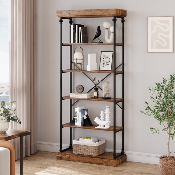 WhizMax 6-Tier Vintage Industrial Book Shelf, Rustic Wood and Metal Bookcase and Bookshelves, Free Standing Storage Large Bookshelf for Living Room, Bedroom and Kitchen, Brown