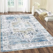 Garvee 4' x 6' Area Rug for Living Room Bedroom Persian Vintage Rug Washable Flower Print Rug No-Slip Low Pile Rug For Living Room Bedroom, Rusty Brown