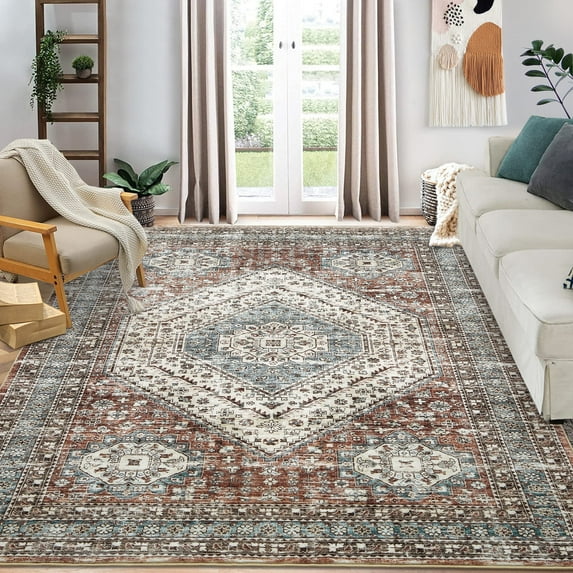 Garvee 6' x 9' Washable Area Rug Floral Print Distressed Rug Carpet Low Pile Non Slip Rug Geometric Pattern Throw Rug, Brown