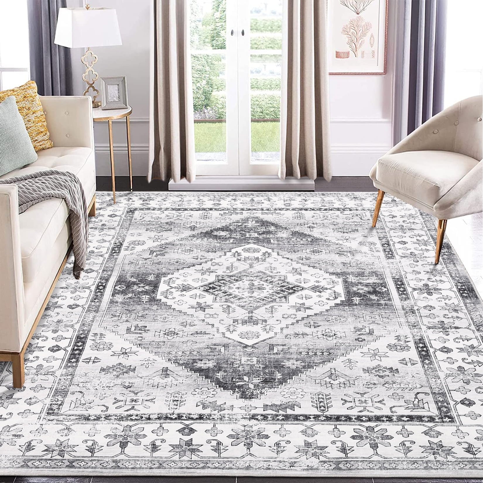 Gray Floral Synthetic Washable 6' x 9' Area Rug