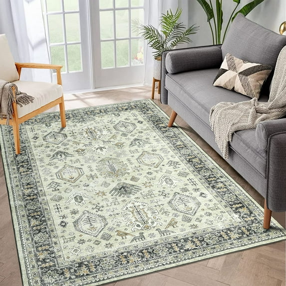 Garvee 6'x9' Vintage Boho Tribal Area Rug Non-Shedding Non-Slip Throw Carpet Persian Floral Print Rug Soft Foldable Rug, Gray Beige