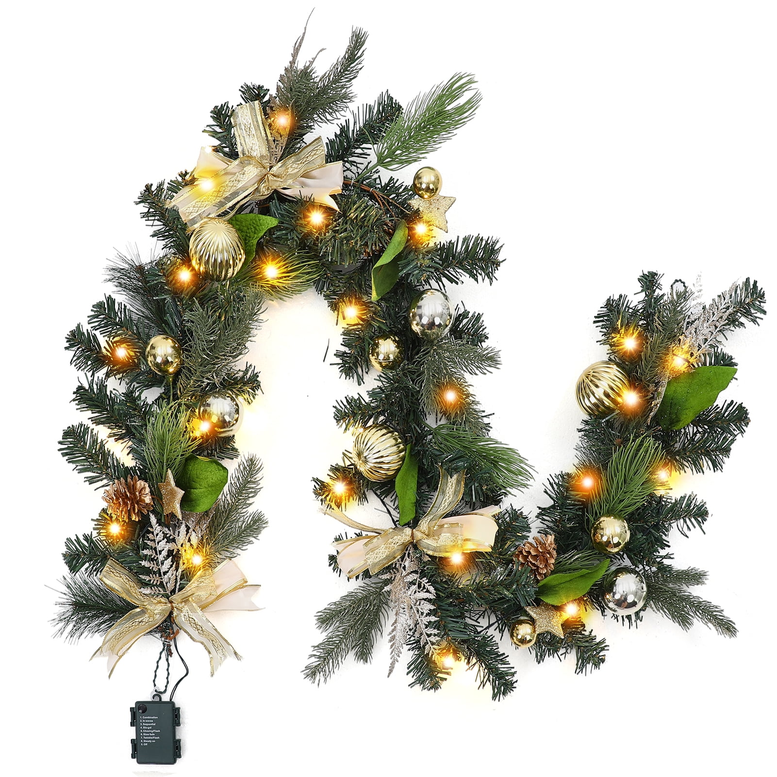 WhizMax 6ft Christmas Gold Garland with Lights, Prelit Outdoor