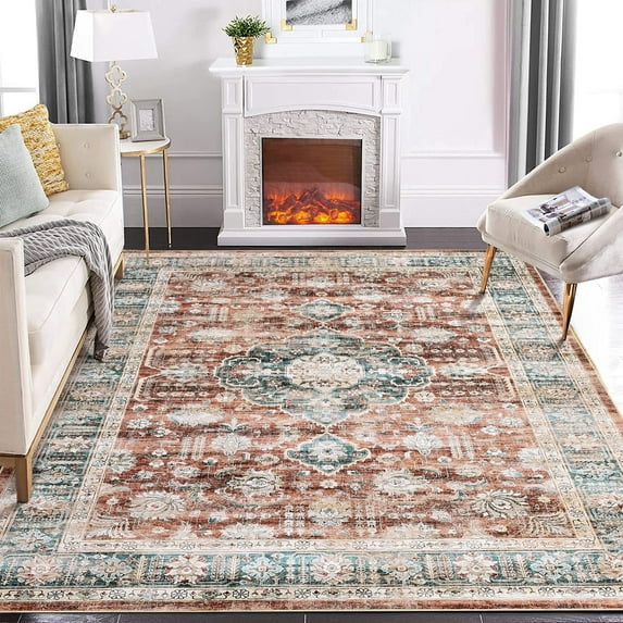 Garvee 6x9 Area Rug Boho Rug Vintage Persian Rug Floral Print Distressed Carpet Foldable Accent Rug Oriental Anti-Slip Stain-Resistant Floor Cover, Brick Red