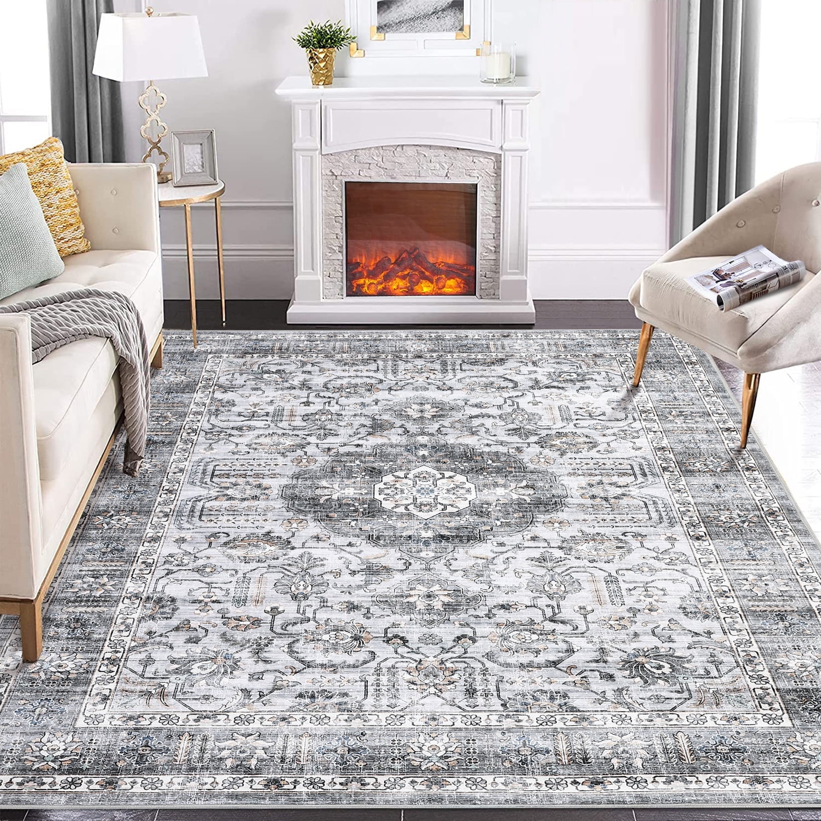 Gray and White Vintage Persian Washable 6' x 9' Area Rug