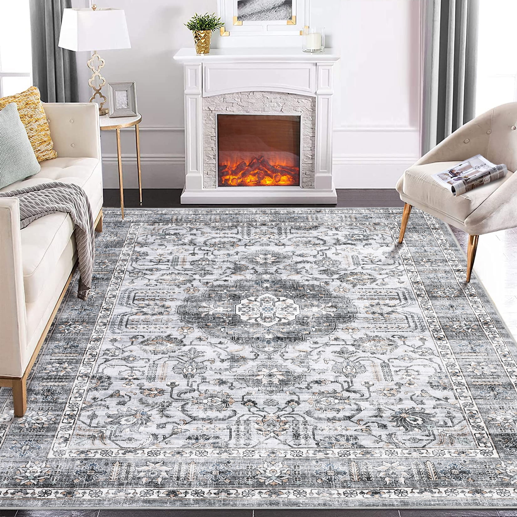 Gray and White Vintage Persian Washable 6' x 9' Area Rug