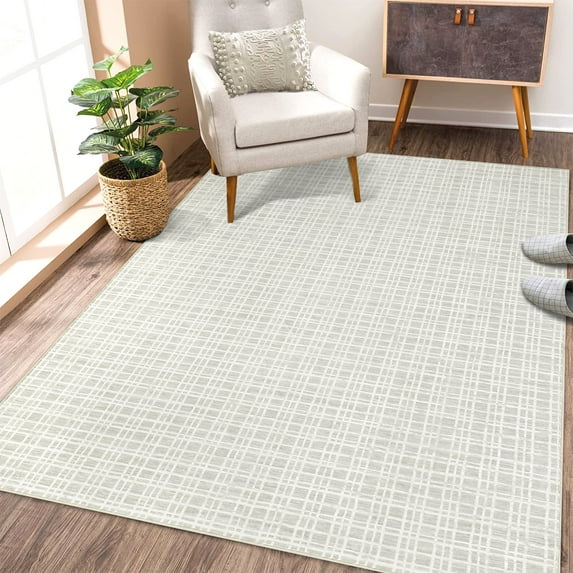 Garvee 6x9 Washable Area Rugs Farmhouse Geometric Checkered Throw Rugs Non-Slip Low Pile Rugs Faux Wool Soft Light Grey Rug for Dorm Playroom