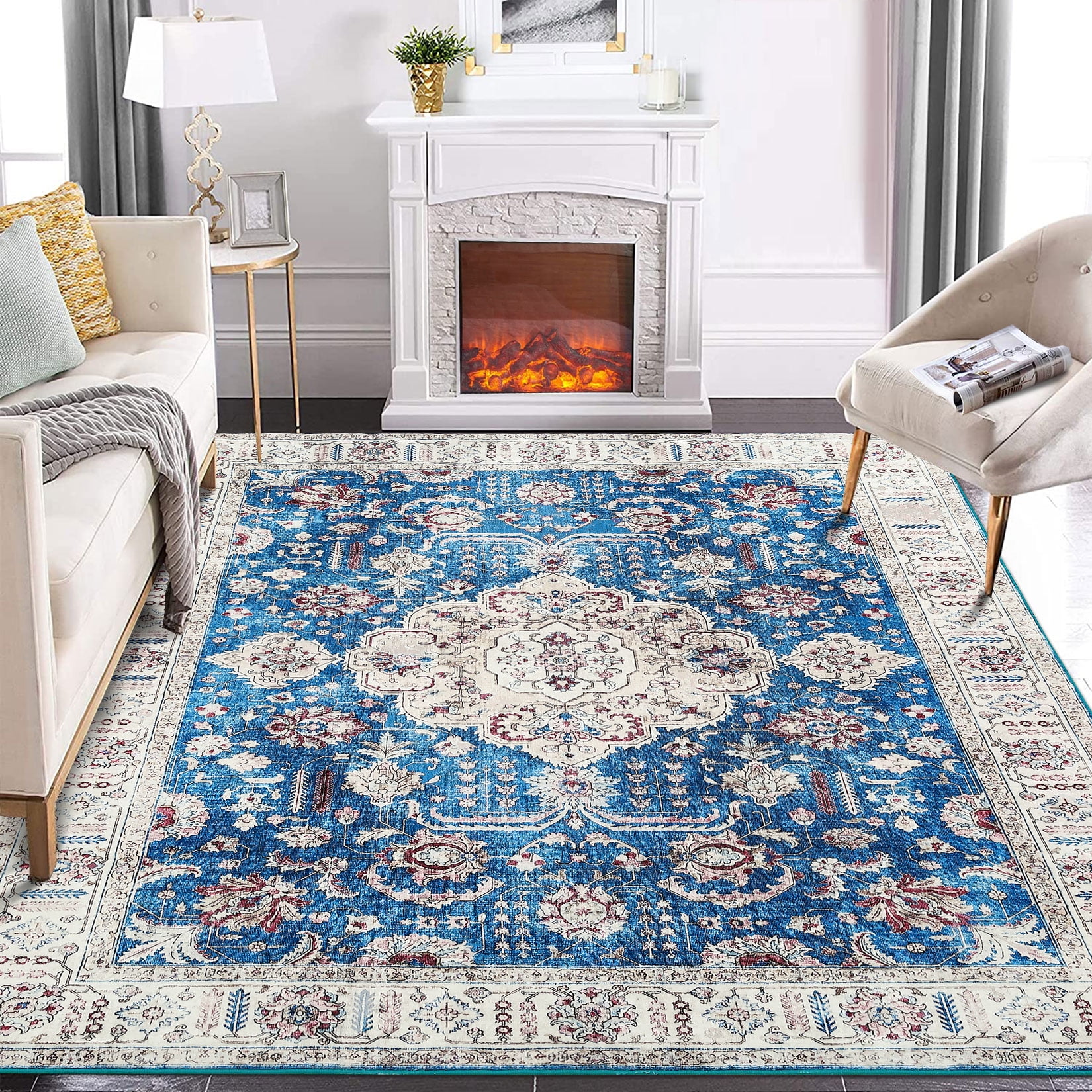 Blue Floral Synthetic 8' x 10' Washable Area Rug