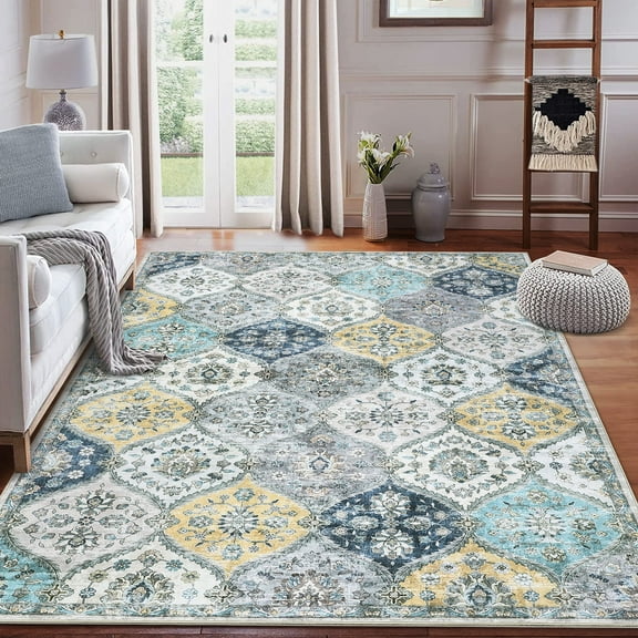 Garvee 8' x 10' Area Rug for Living Room Bedroom Floral Rug Moroccan Trellis Rug Vintage Persian Indoor Accent Rug Farmhouse Floor Carpet Rug, Blue Yellow