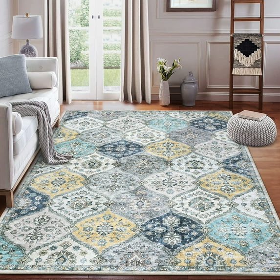 Garvee 8' x 10' Area Rug for Living Room Bedroom Floral Rug Moroccan Trellis Rug Vintage Persian Indoor Accent Rug Farmhouse Floor Carpet Rug, Blue Yellow