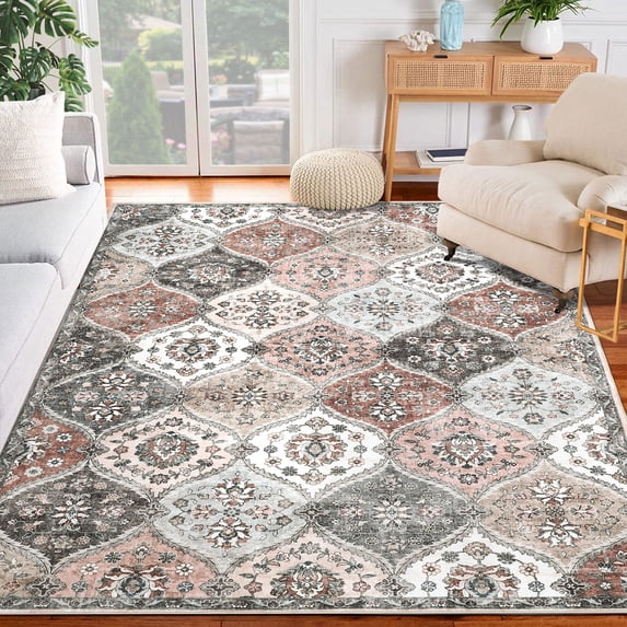 Garvee 8' x 10' Area Rug for Living Room Bedroom Floral Rug Moroccan Trellis Rug Vintage Persian Indoor Accent Rug Farmhouse Floor Carpet Rug, Pink