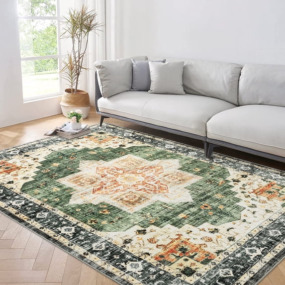Garvee 8' x 10' Machine Washable Area Rug Vintage Persian Rug Retro Medallion Rug Indoor Non-Slip Low Pile Carpet for Living Room Bedroom, Green