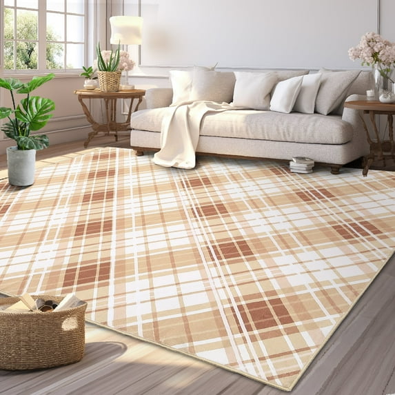 Garvee 8' x 10' Modern Geometric Rug Plaid Rugs for Living Room Washable Soft Foldable Accent Rug Indoor Non Slip Stain-Resistant Carpet, Taupe