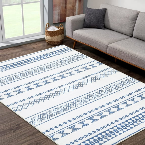 Garvee 8' x 10' Moroccan Area Rug Blue Geometric Rug Indoor Washable Non-Slip Low Pile Foldable Thin Floor Carpet for Living Room Bedroom