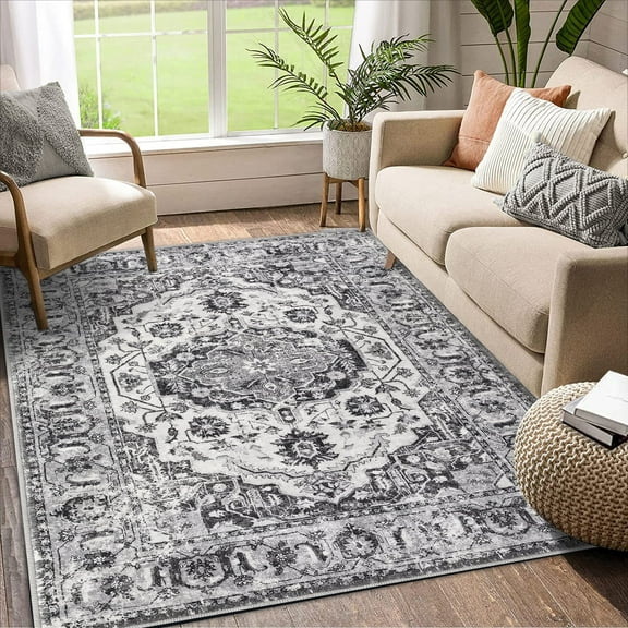 Garvee 8'x10' Area Rug Low Pile Non-Slip Rug Vintage Floral Medallion Distressed Rug Soft Ultra Thin Foldable Carpet for Dining Room Home Office, Gray