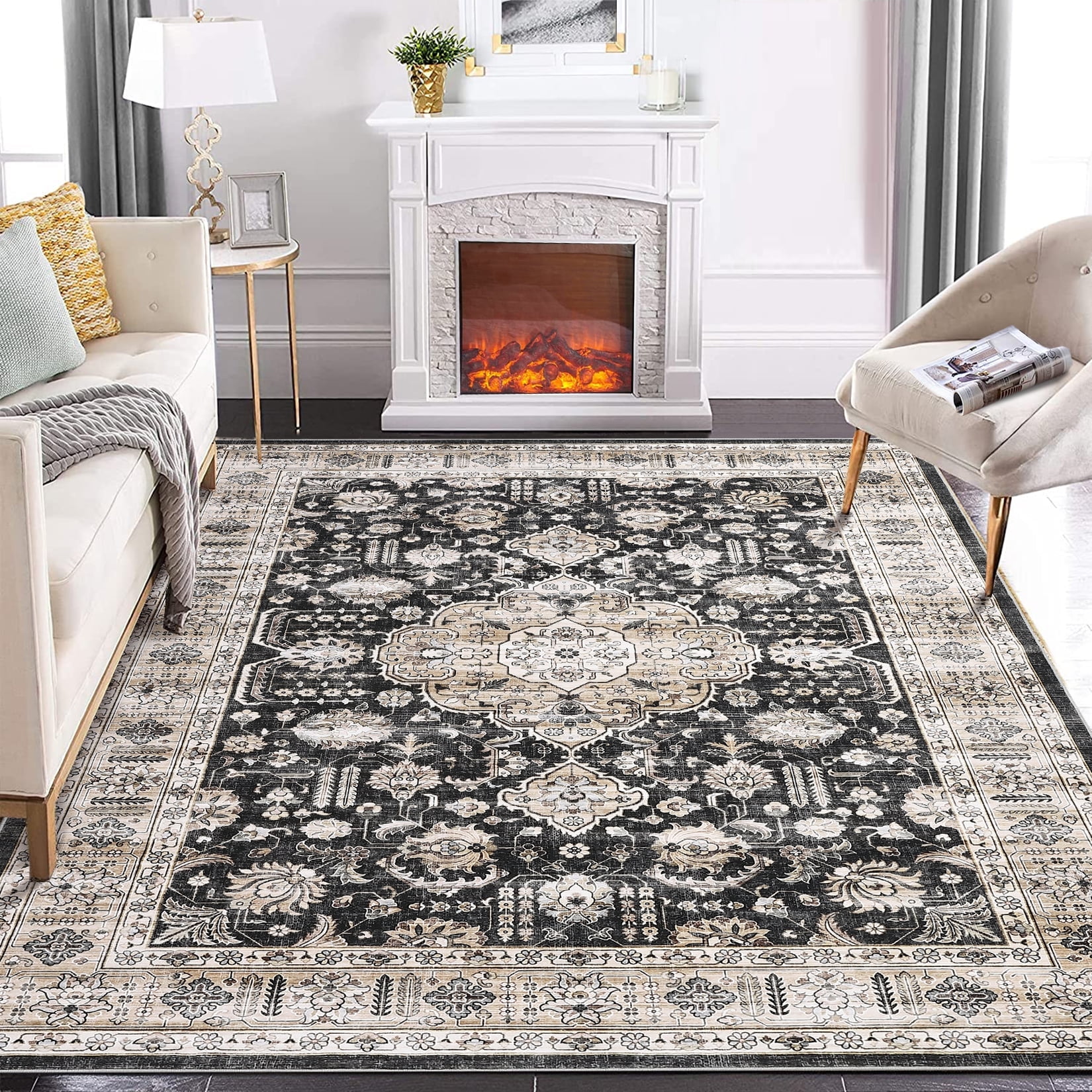 Black Floral Synthetic 8' x 10' Washable Area Rug