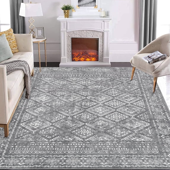 Garvee 8'x10' Boho Area Rug Washable Rugs for Living Room Vintage Distressed Accent Rug Non Slip Low-Pile Rug Soft Foldable Rug, Gray