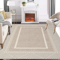 Garvee 8'x10' Modern Bordered Rug Machine Washable Geometric Rug Non-Shedding Stain-Resistant Indoor Foldable Accent Rug for Dining Room Bedroom, Light Brown