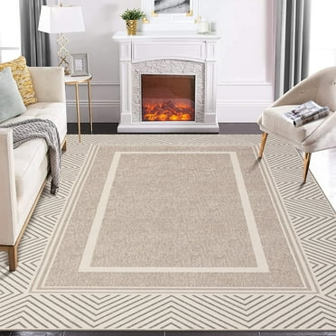 Garvee 8'x10' Modern Bordered Rug Machine Washable Geometric Rug Non-Shedding Stain-Resistant Indoor Foldable Accent Rug for Dining Room Bedroom, Light Brown
