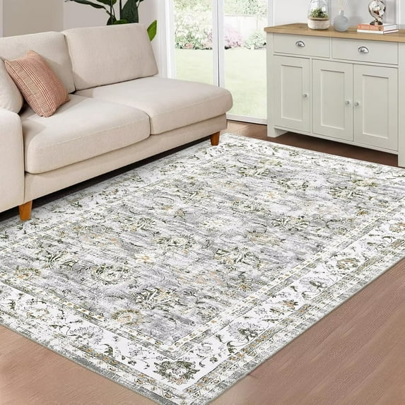 Garvee 8'x10' Vintage Floral Area Rug Traditional Persian Machine Washable Rugs Non-Slip Low Pile Accent Rug Carpet for Bedroom Dorm, Gray Green