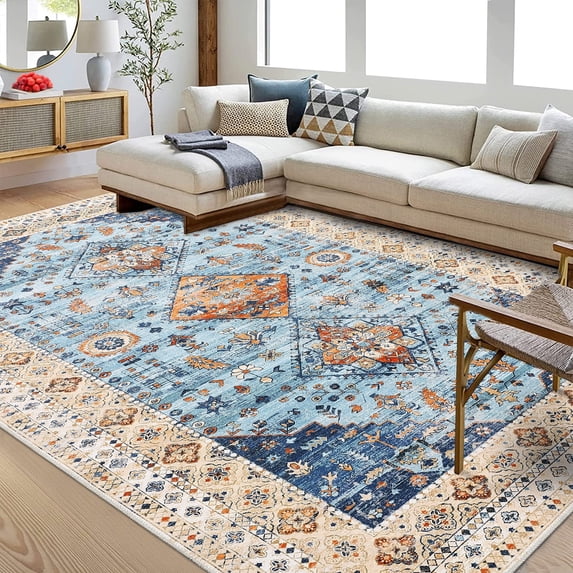Garvee 8'x10' Washable Boho Rug Living Room Area Rug Vintage Persian Floral Non-Slip Non-Shedding Rug Oriental Distressed Carpet Rug Home Decor, Yellow Blue