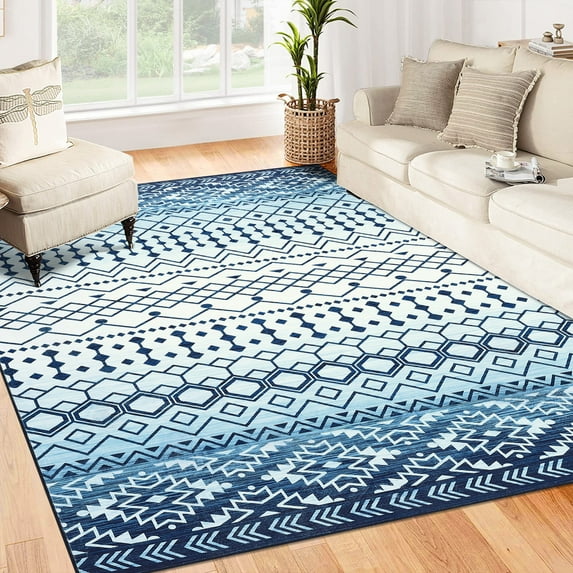 WhizMax 8x10 Area Rug Moroccan Rug Geometric Print Rug Farmhouse Washable Boho Area Rug Non-Slip Low Pile Carpet for Home Decor, Blue