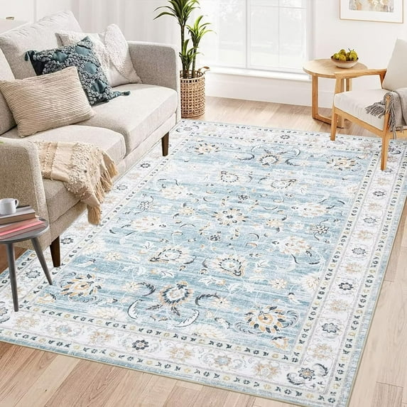 Garvee 8x10 Washable Rug Vintage Floral Print Area Rug Boho Distressed Carpet Farmhouse Oriental Accent Rug Soft Foldable Rug for Home Decor, Blue