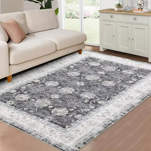 Garvee 9' x 12' Area Rug Large Vintage Distressed Floral Area Rugs for Living Room Washable Persian Non-Slip Stain Resistant Accent Rug Carpet, Black/Grey